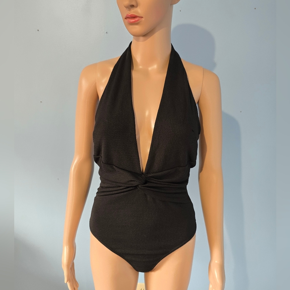 Black Halter Plunge body suit